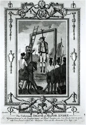 Der unglückliche Tod von Major Andre, Adjutant General der englischen Armee, im Hauptquartier in New York, 2. Oktober 1780, gestochen von John Goldar (1729-1795)