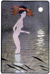 Junge Japanerin badet im Mondlicht in einem Teich - in „Japanische Puppe“ von Félicien Champsaur, ill. Hanafusa Itcho, Paris