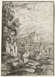 Landschaft mit einer Straße zu einer Burg auf einer Insel in einem Fluss, 1554