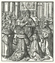 Der Heilige Römische Kaiser Friedrich III. und die Kaiserin Eleonore empfangen die Heilige Kommunion vom Papst