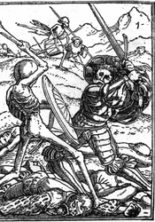 Der Scheintod von Hans Holbein dem Jüngeren: der Soldat. Ein Soldat kämpft gegen den Tod; zu ihren Füßen liegen die Leichen anderer Krieger. Gravur