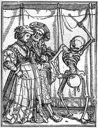 Die Todesbilder von Hans Holbein dem Jüngeren (1497-1543): die Eheleute. Der Tod schlägt vor einem Paar die Trommel.