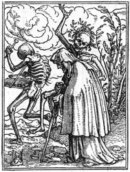 Die Trugbilder des Todes von Hans Holbein dem Jüngeren (1497-1543): Der Alte. Der Tod begleitet eine alte Dame zu ihrem Schicksal.