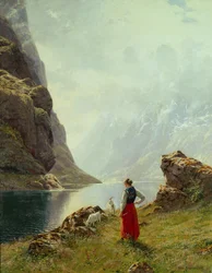Ein Mädchen mit Ziegen an einem Fjord