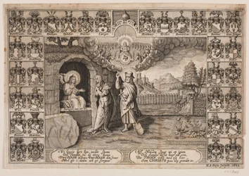 Titelblatt zur Leichenpredigt über Ida Langs mit Darstellung von Christus als Gärtner und Maria Magdalena