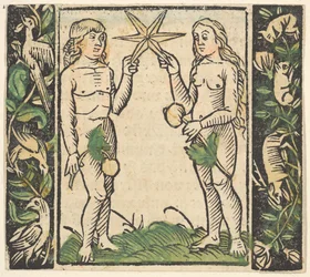 Adam und Eva halten einen Stern, Illustration aus Beschlossen Gart des Rosenkranz Mariae