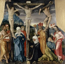 Christus gekreuzigt mit den Dieben, Heiligen und einer weiblichen Stifterin, 1512