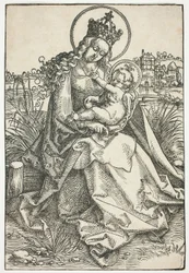 Madonna und Kind auf einer grasbewachsenen Bank