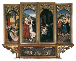 Szenen aus dem Leben Mariens: die Verkündigung, die Heimsuchung, die Geburt Christi und die Flucht nach Ägypten. (1485-1544). Altar des Münsters Unserer Lieben Frau in Freiburg im Breisgau, Deutschland