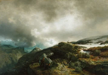 Hochgebirgslandschaft mit Rentierjägern