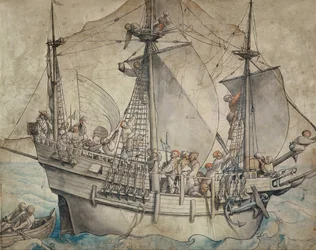 Schiff mit feiernden Seeleuten, Landsknechten und einer Marketenderin