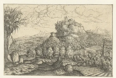Landschaft mit Schloss auf einem Berg