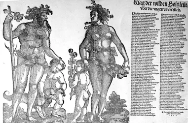 Flugblatt über den Rückzug der wilden Männer aus den Wäldern aus einer Welt, die sich zum Schlechteren verändert hat, Holzschnitt von Hans Guldenmundt, 1545