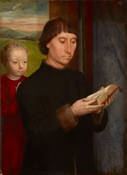 Betender Mann mit seinem verstorbenen Sohn, von Hans Memling (1433/40-1494). Öl auf Holz