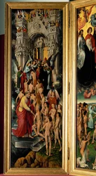 Triptychon mit dem Jüngsten Gericht, linkes Panel: Empfang der Gerechten im Himmel