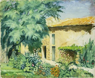 Südliches Bauernhaus mit Blumenbeet