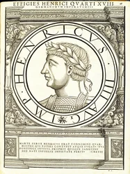 Henricus IIII, Illustration aus Imperatorum romanorum omnium orientalium et occidentalium verissimae imagines ex antiquis numismatis, Holzschnitt von Rudolph Wyssenbach, gedruckt von Andreas Gesner, Zürich