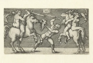 Kampf zwischen zwei Männern mit Frauen zu Pferd und einem stehenden Mann