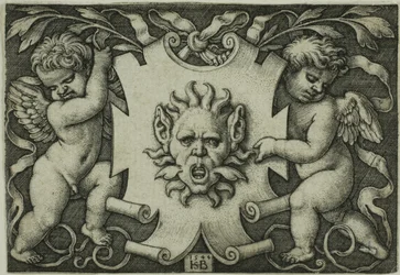 Ornament mit einer Maske, gehalten von zwei Genien