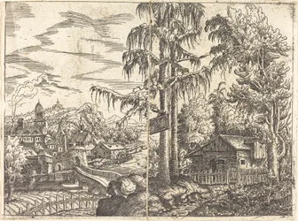 Landschaft mit Blick auf ein Bauernhaus und eine Stadt in der Nähe eines Flusses, 1551