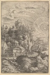 Landschaft mit einer Burg auf einem Felsen, 1553
