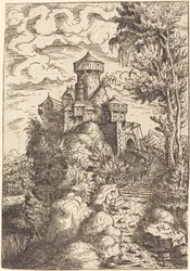 Landschaft mit einer Festung und großer Treppe, 1554