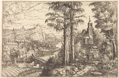 Ansicht einer Stadt in der Nähe eines Flusses mit einer Kirche auf der rechten Seite, 1553