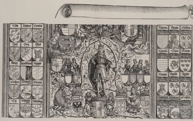 Der obere Teil der Genealogie von Maximilian, mit dem rechten Rand der Schriftrolle