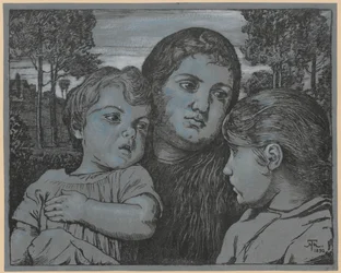 Porträt der Frau des Künstlers, Cella, mit zwei Kindern vor einer Landschaft