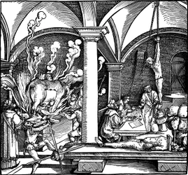 Folter. Illustration aus dem Buch Phisicke Against Fortune von Petrarca, 1532