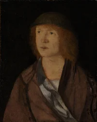 Porträt eines jungen Mannes, Rückseite Mädchen macht einen Kranz, ca. 1508