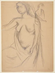 Weibliches Modell, Dreiviertelprofil nach links, abgeschnitten an den Knien, sowie eine kleine Modellstudie