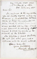 Brief von Nicholas Hardcastle zur Annahme der Einladung als Stadtrat für St. John