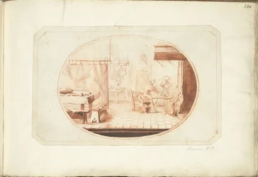 Kücheninterieur mit zwei Frauen und einer Katze, in Oval