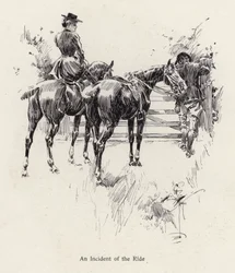 Reiter halten an, um ein Tor zu öffnen