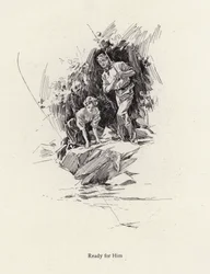 Mann und Frau angeln in einem Fluss oder Bach (Lithografie)