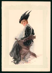 Sitzendes Mädchen mit schwarzem Kleid und Hut