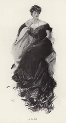 Frau in einem Abendkleid auf einem Ball (Lithografie)