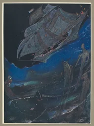 Eine Illustration, die ein Schiff auf See und Fische darunter zeigt.