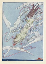 Die wilden Schwäne. Den ganzen Tag flogen sie durch die Luft.