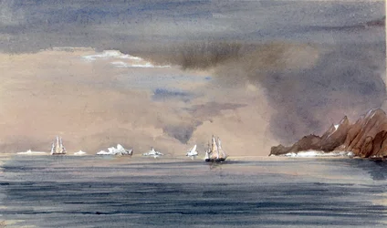 Die Eisberge vor Kap Hoorn (Chile), mit der Silhouette der HMS Tribune. Gemälde von Vizeadmiral Harry Edmund Edgell (1809-1876), Aquarell 1856.