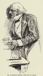 Mr. Gladstone lehnt sich über die Kiste auf dem Tisch