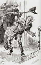 Mr. Wrayburns Methode der Ausweisung. "Die Tatsache, dass Mr. Dolls eine Neigung zeigte, einzuschlafen, was einen längeren Aufenthalt auf dem Gelände drohte, erforderte energische Maßnahmen. Also nahm Eugene seinen abgenutzten Hut mit der Zange, setzte ihn