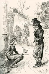 Oliver trifft auf den gerissenen Gauner. "Hallo, mein Freund, was ist los?" sagte dieser seltsame junge Herr zu Oliver. "Ich bin sehr hungrig und müde," antwortete Oliver; die Tränen standen ihm in den Augen, als er sprach. "Ich bin einen langen Weg gegang