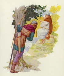 Auf einem kleinen Hügel neben der Furt nagte ein riesiger Mann an einem großen Wildpastete