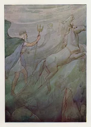 Der Meereskönig in seinem funkelnden Wagen, gezogen von grünen Pferden