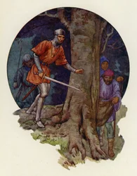 "Die Gesetzlosen endlich!" rief der Sheriff und rannte mit gezogenem Schwert dorthin, wo die Figuren verschwunden waren