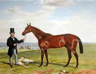 Porträt eines Rennpferdes mit seinem Trainer