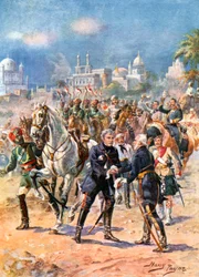 Das Treffen von Sir Colin Campbell und General Outram. Entsatz von Lucknow (Farblitho)