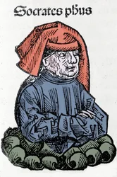 Porträt von Sokrates (470-399 v. Chr.), griechischer Philosoph. Xylographie aus den „Chroniken von Nürnberg“ von Hartmann Schedel